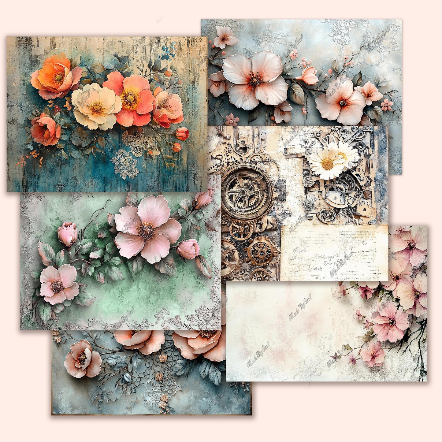 Steampunk Floral Junk Journal Kit, Vintage Printable Ephemera