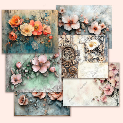 Steampunk Floral Junk Journal Kit, Vintage Printable Ephemera