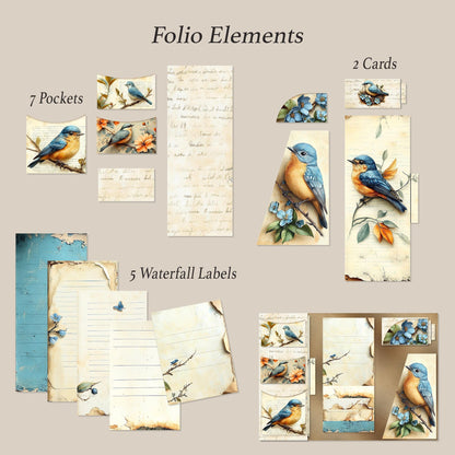 Bluebird Junk Journal Folio Kit, Printable Waterfall Folio
