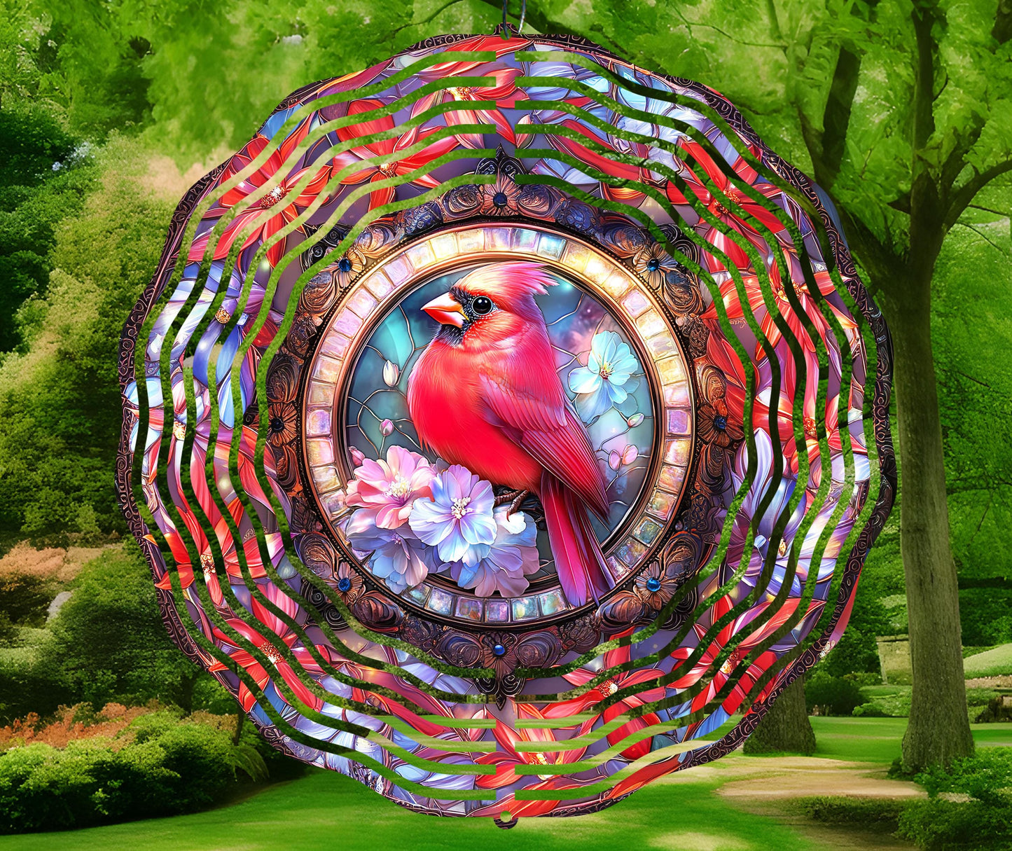 Stained Glass Red Cardinal Wind Spinner Sublimation Design
