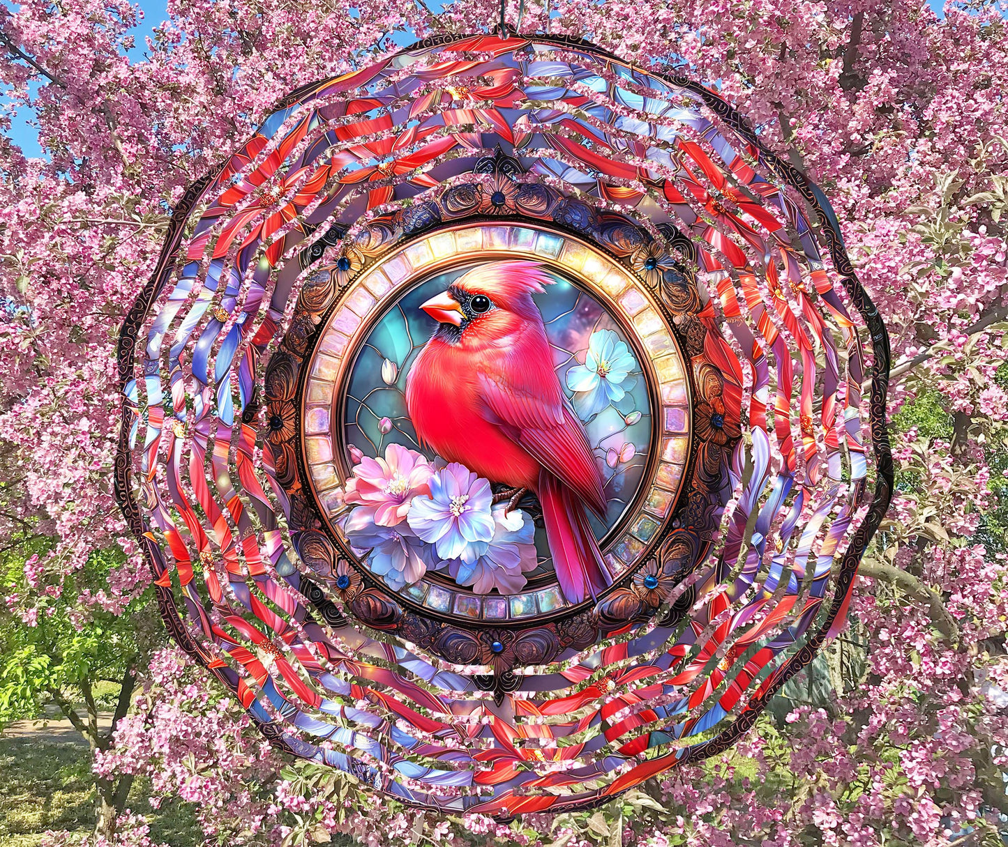 Stained Glass Red Cardinal Wind Spinner Sublimation Design