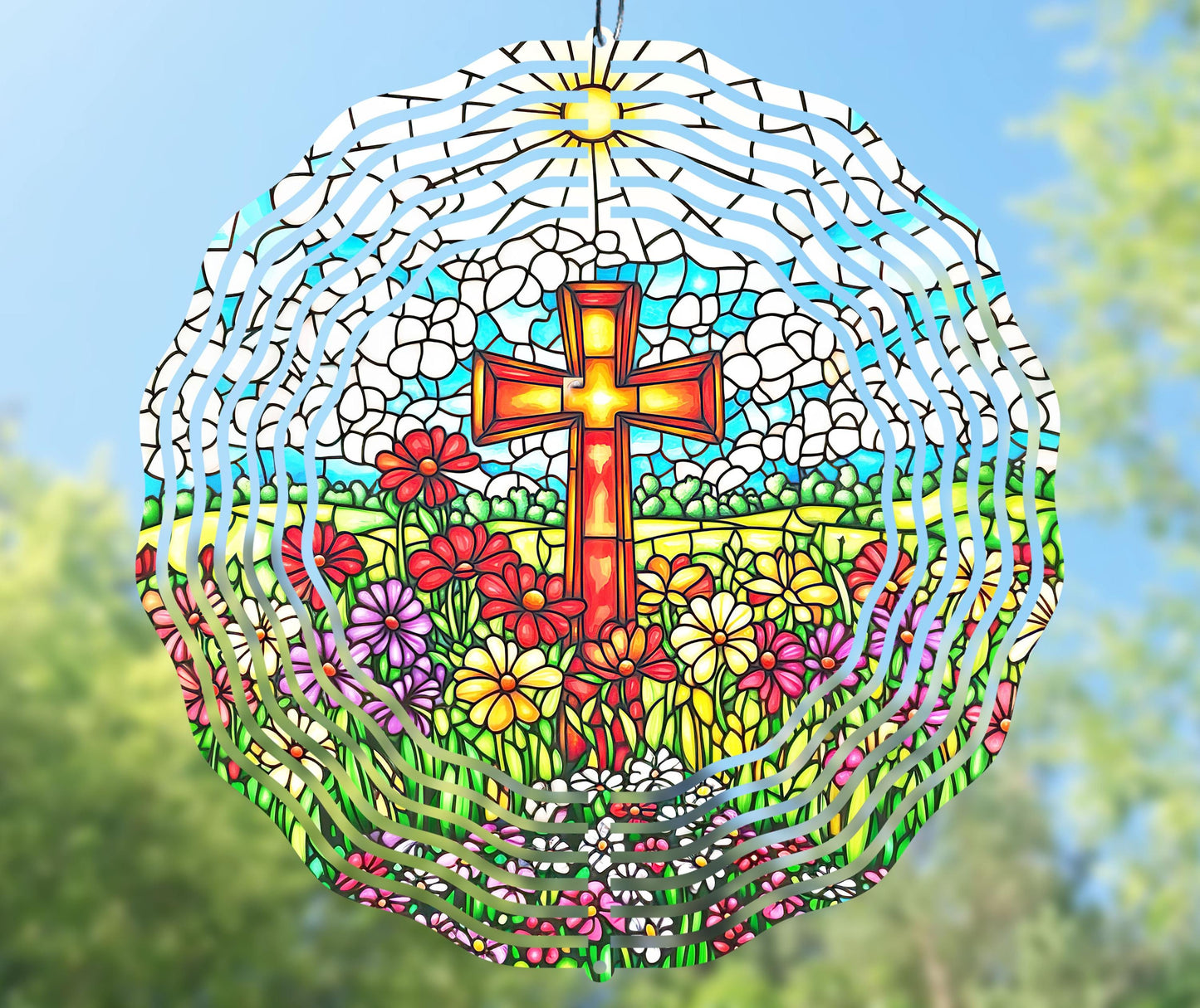 Stained Glass Cross Wind Spinner Sublimation Design PNG