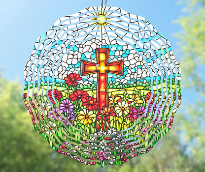 Stained Glass Cross Wind Spinner Sublimation Design PNG