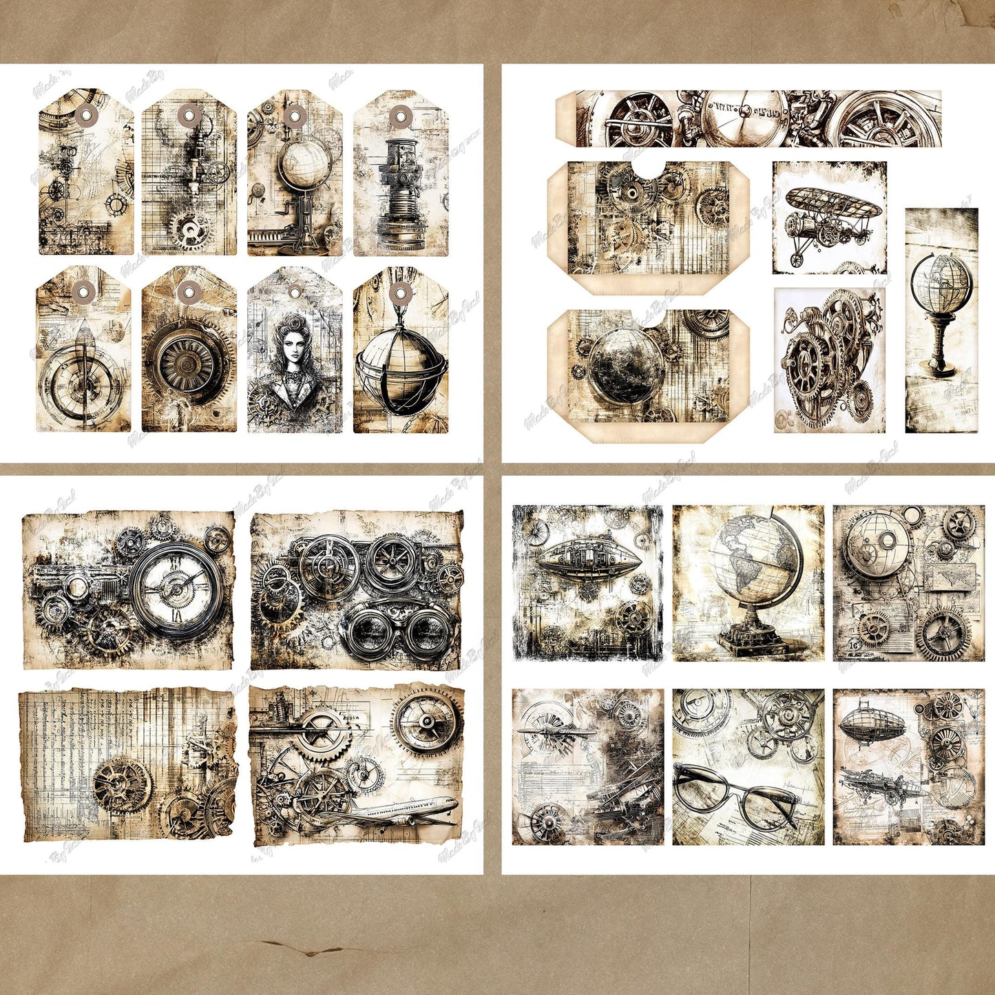 Steampunk Junk Journal Kit, Printable Vintage Plane Ephemera