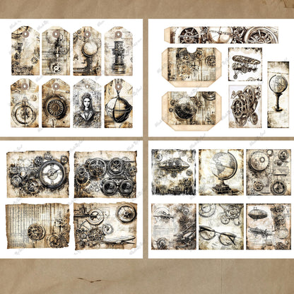 Steampunk Junk Journal Kit, Printable Vintage Plane Ephemera