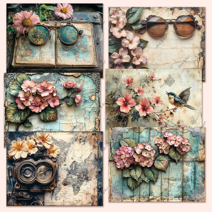 Steampunk Floral Junk Journal Kit, Vintage Printable Ephemera