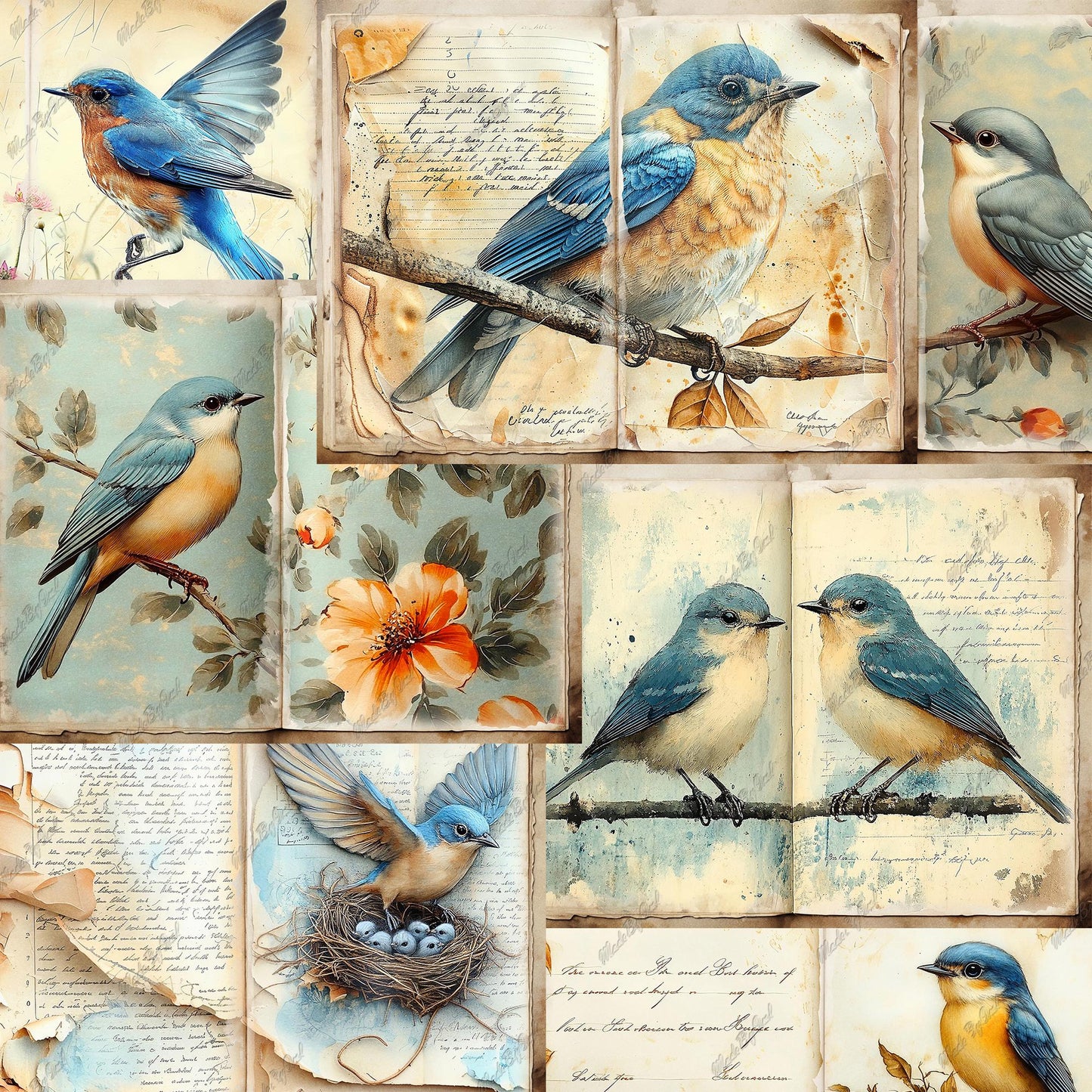 Bluebird Junk Journal Kit, Vintage Ephemera Printable