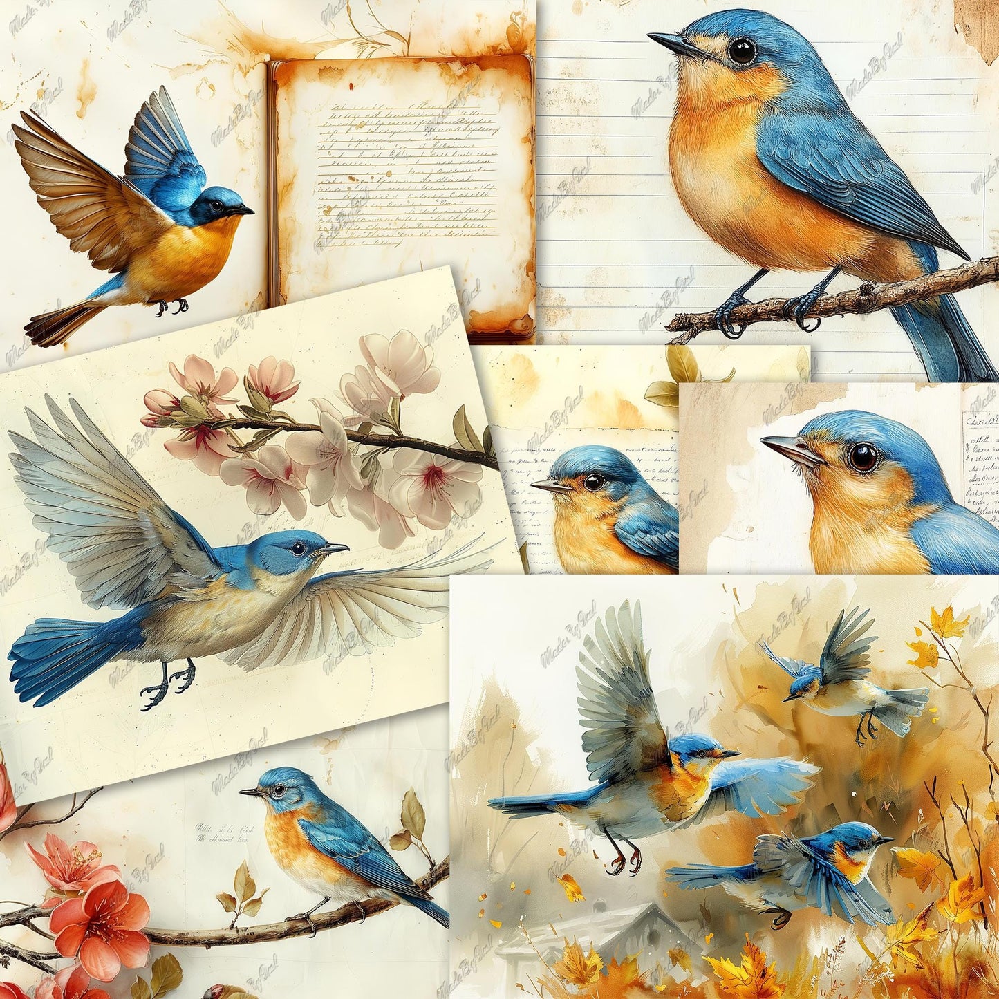 Bluebird Junk Journal Kit, Vintage Ephemera Printable