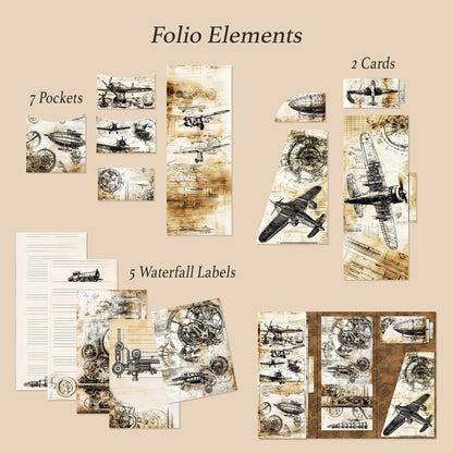 Steampunk Junk Journal Folio Kit, Plane Waterfall Folio Printable
