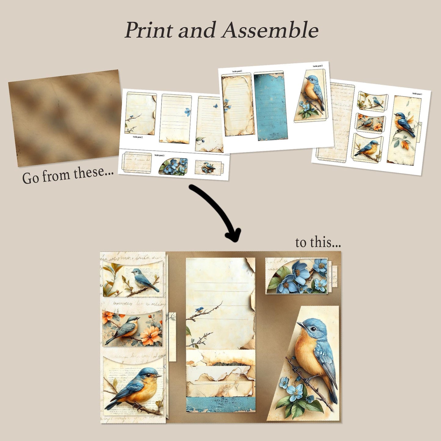 Bluebird Junk Journal Folio Kit, Printable Waterfall Folio