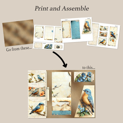Bluebird Junk Journal Folio Kit, Printable Waterfall Folio