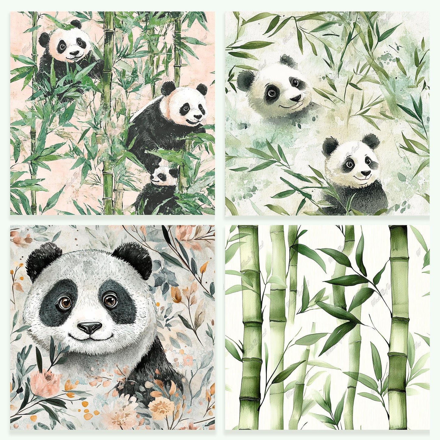 Bamboo and Panda Tileable Patterns, Scrapbook Paper Digital Download