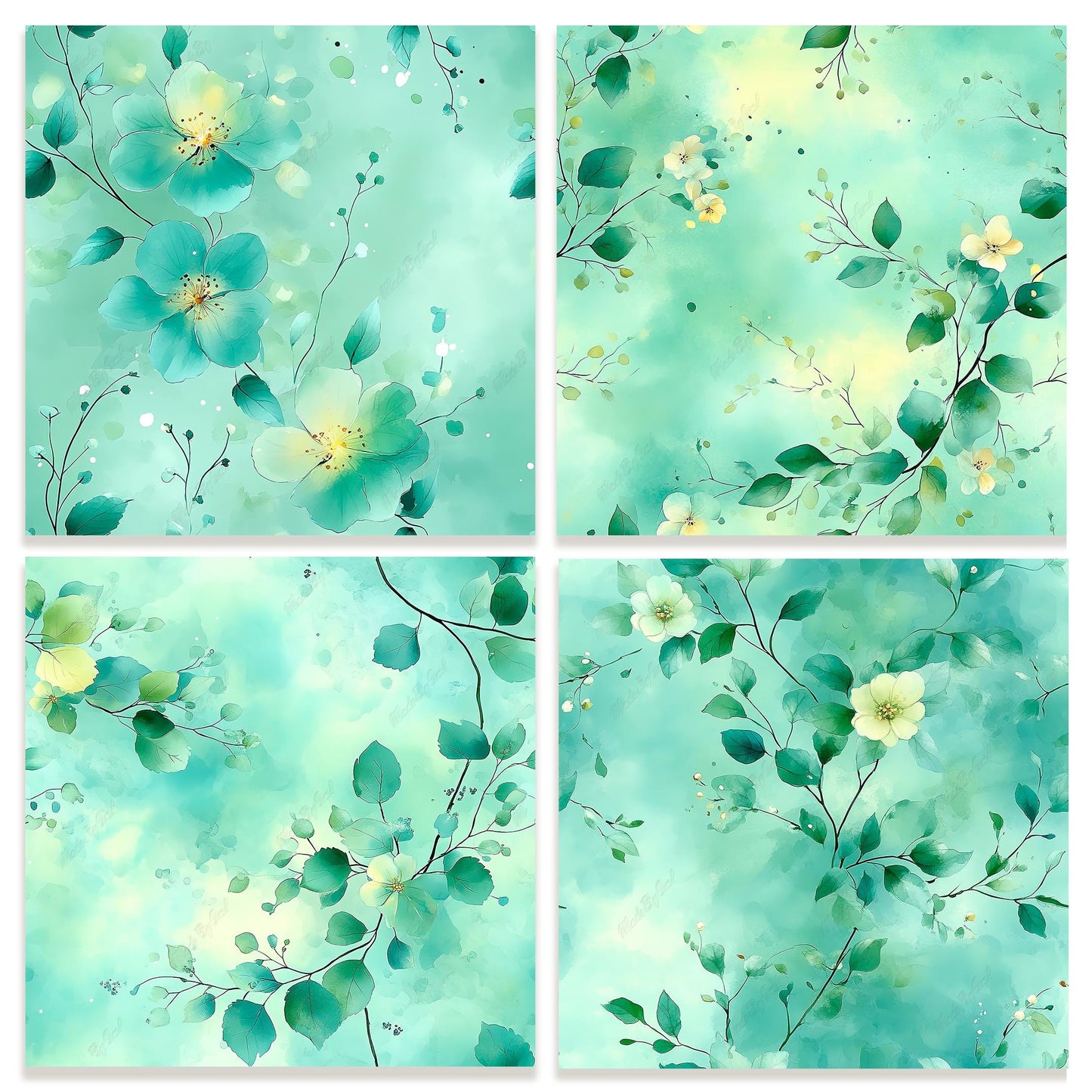 Green Floral Tileable Patterns, Greenery Backgrounds Digital Download