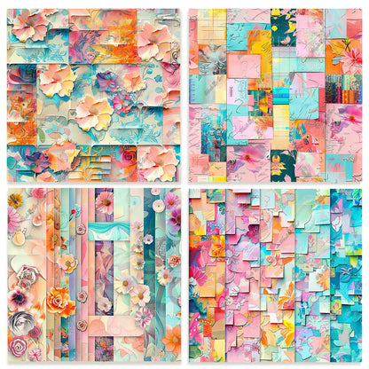 Floral 3D Collage Digital Paper Pack, Mixed Media Seamless Textures