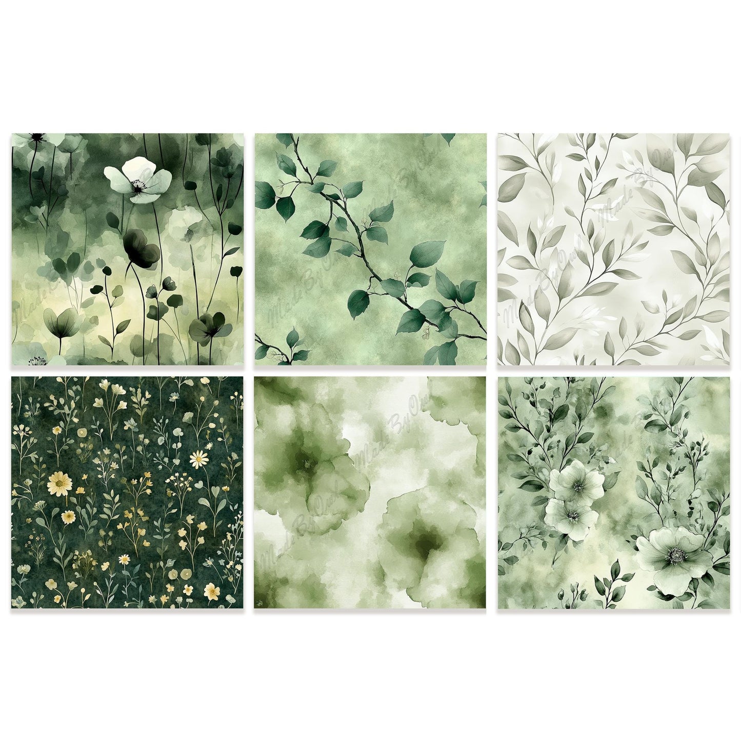 Sage Green Floral Tileable Patterns, Watercolor Flower Backgrounds