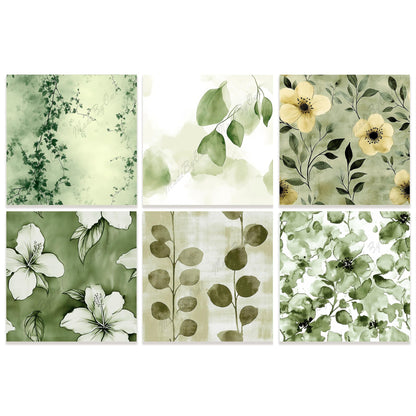 Sage Green Floral Tileable Patterns, Watercolor Flower Backgrounds