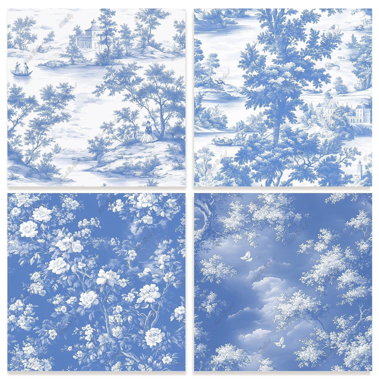 Blue Toile de Jouy Digital Paper Pack, Seamless Patterns