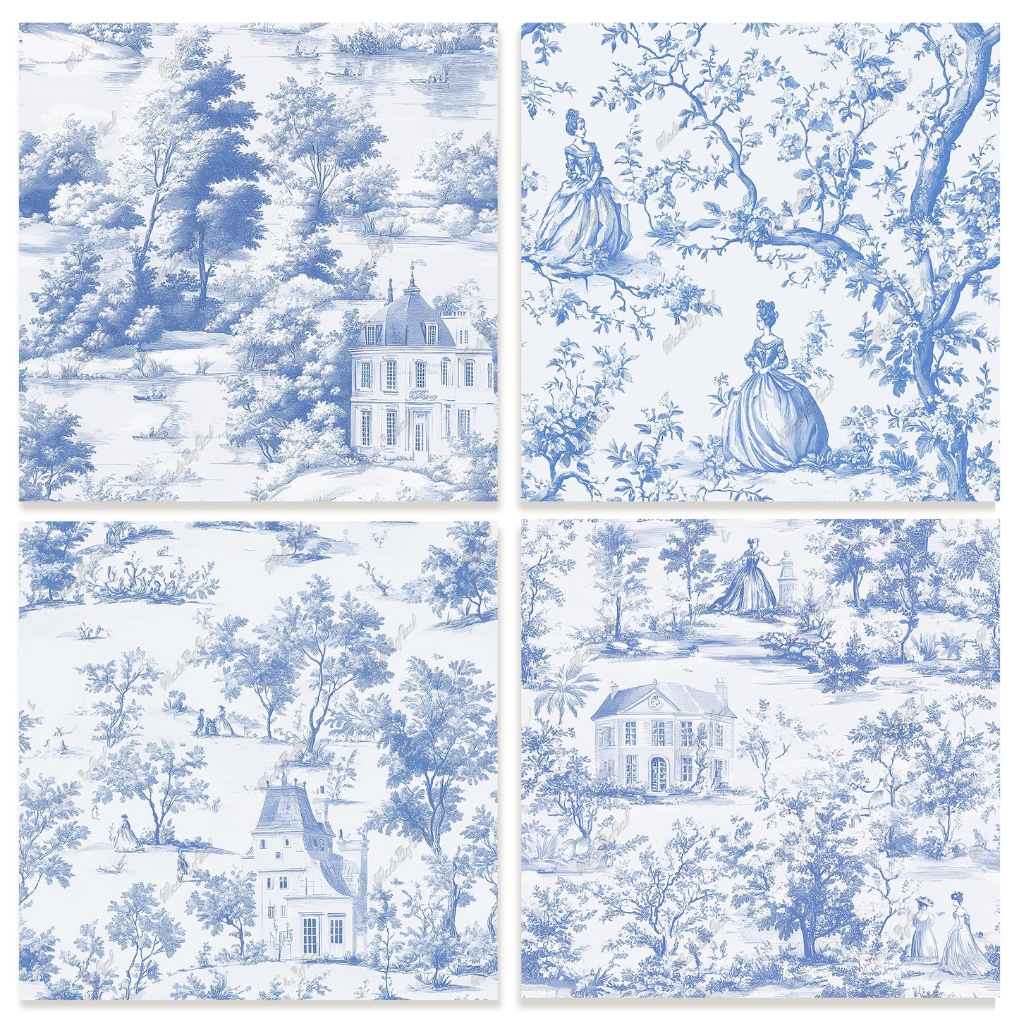 Blue Toile de Jouy Digital Paper Pack, Seamless Patterns