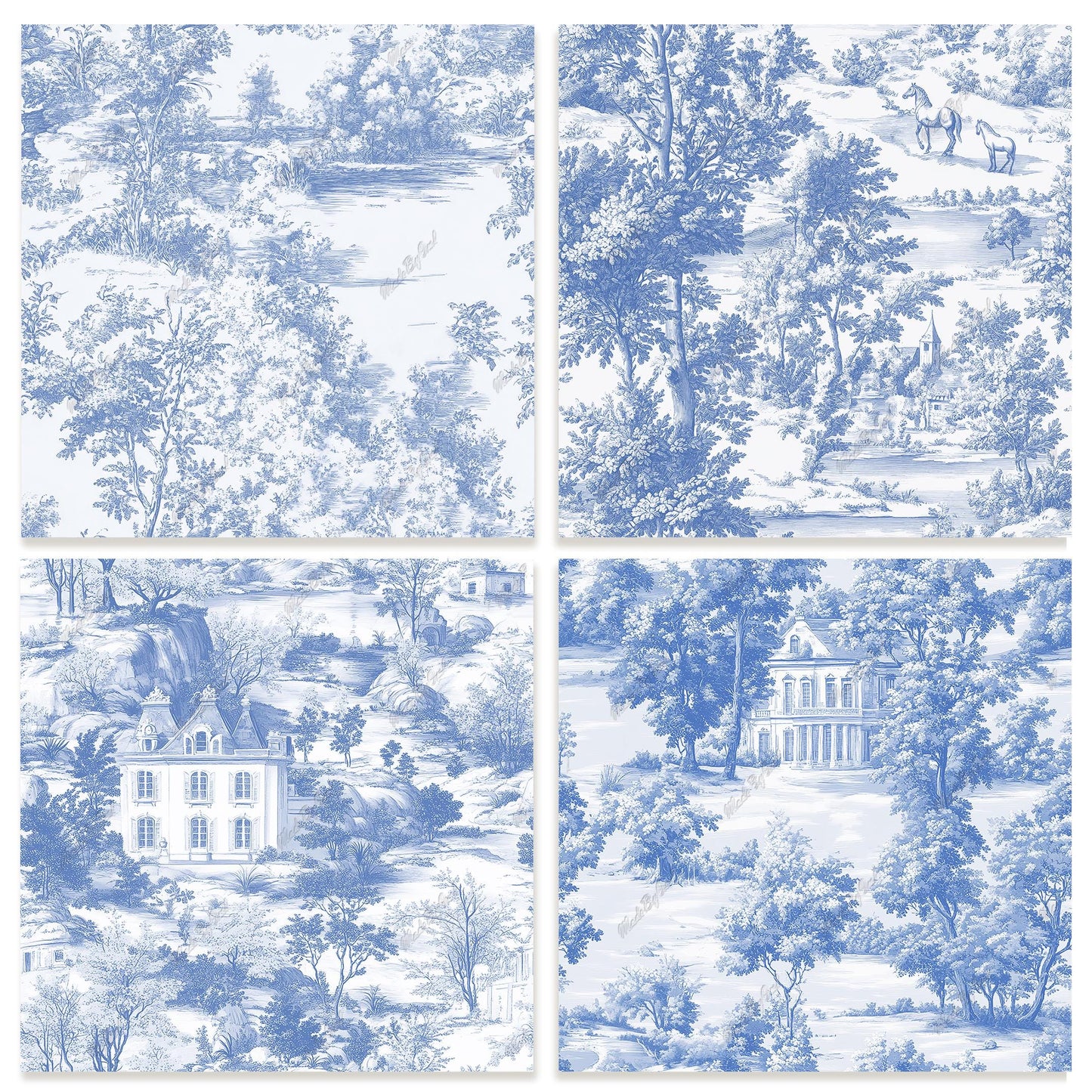 Blue Toile de Jouy Digital Paper Pack, Seamless Patterns