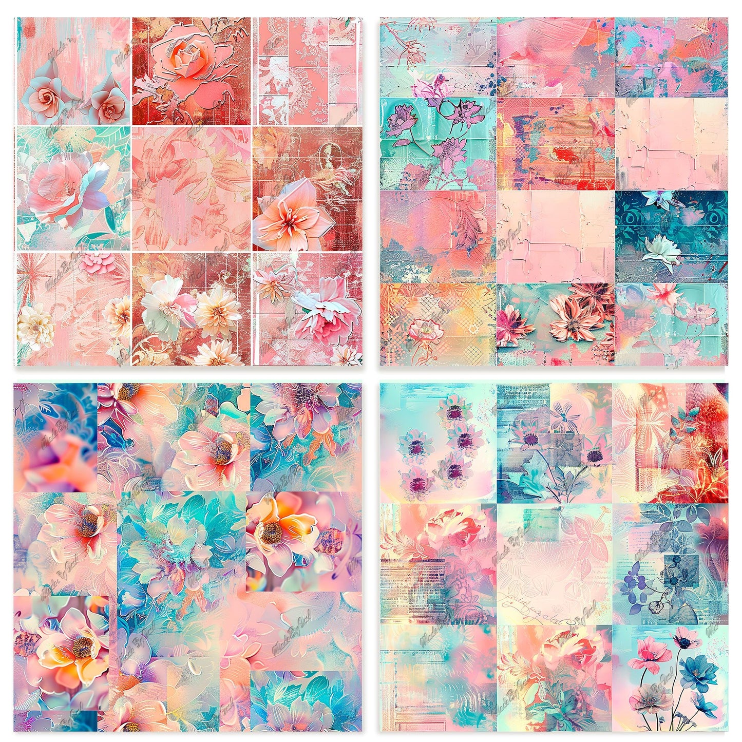 Floral 3D Collage Digital Paper Pack, Mixed Media Seamless Textures