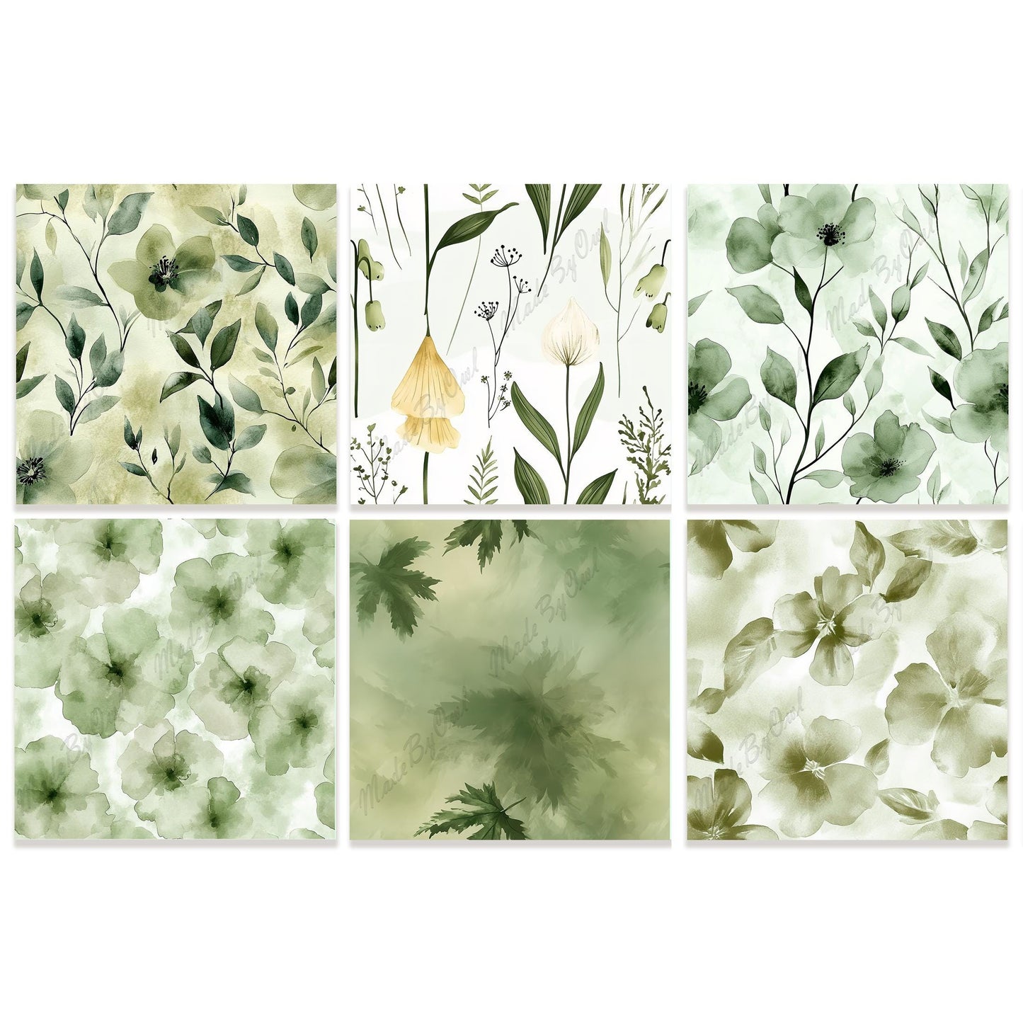Sage Green Floral Tileable Patterns, Watercolor Flower Backgrounds