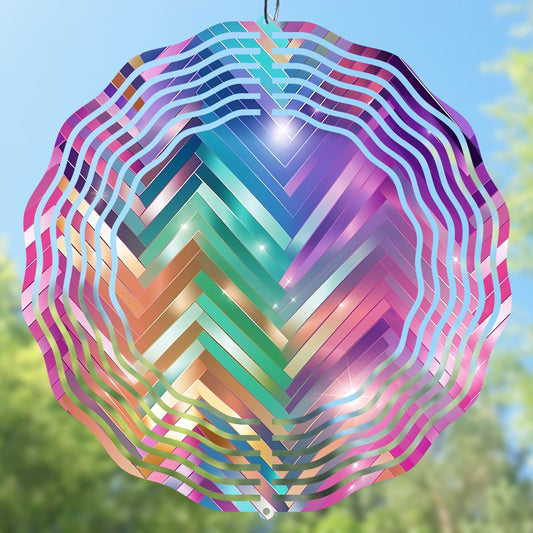 High-resolution iridescent wind spinner sublimation design featuring a colorful chevron pattern. Digital PNG file with transparent background, perfect for creating DIY wind spinners, personalized gifts, outdoor garden décor, sublimation crafts, and small business projects. Printable round and square design for crafting and inspirational projects.