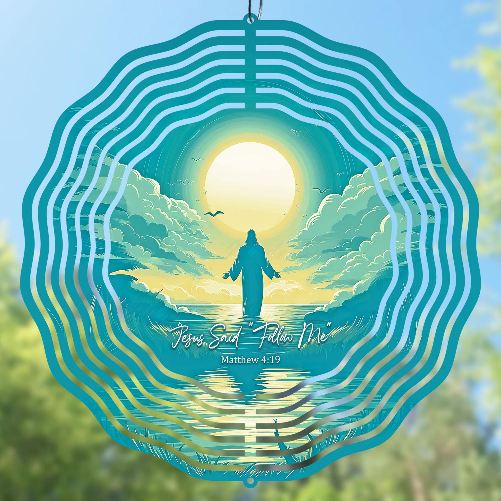 Jesus said Follow me sublimation wind spinner design featuring a silhouette of the Christ walking on water.