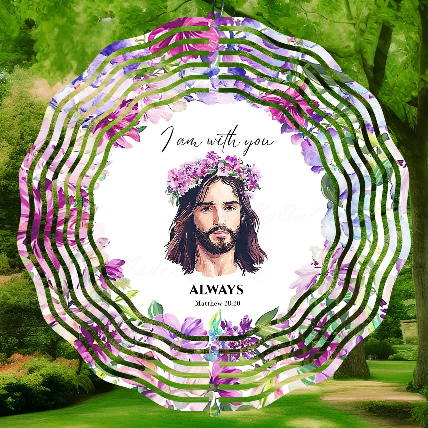 Jesus wind spinner sublimation design with text 'I am with you ALWAYS' from Matthew 28:20.
