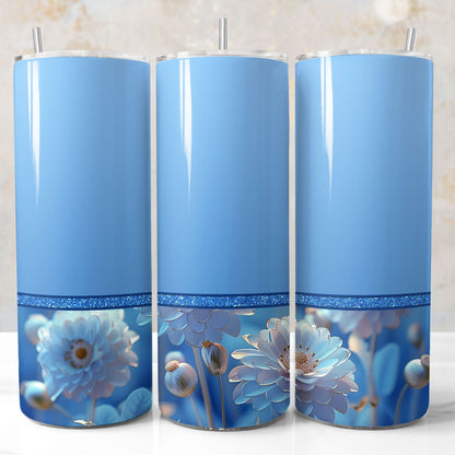 Light blue 3D floral tumbler wrap PNG for 20oz sublimation tumblers with customizable name field