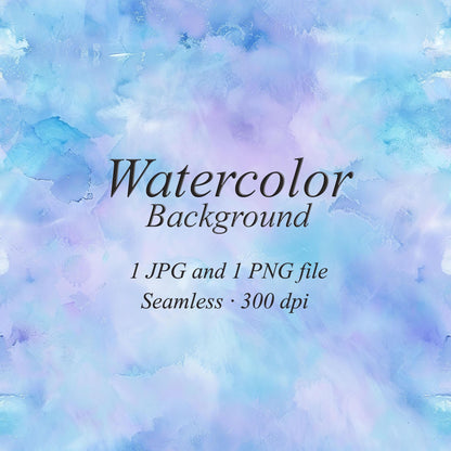Light blue, aqua, and pale lilac watercolor washes with soft overlapping edges. Text: “Watercolor Background”, “1 JPG and 1 PNG file”, “Seamless · 300 dpi”
