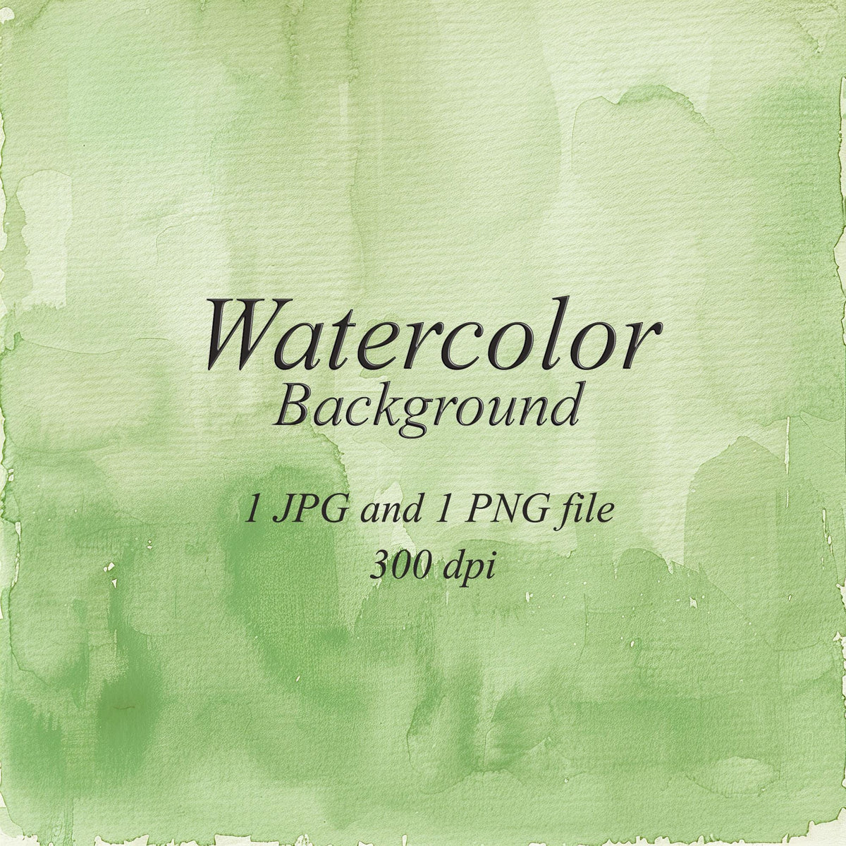 Light olive green watercolor background with pale yellow-green washes, darker green areas near the bottom, and visible paper texture. Text: “Watercolor Background”, “1 JPG and 1 PNG file”, “300 dpi”.