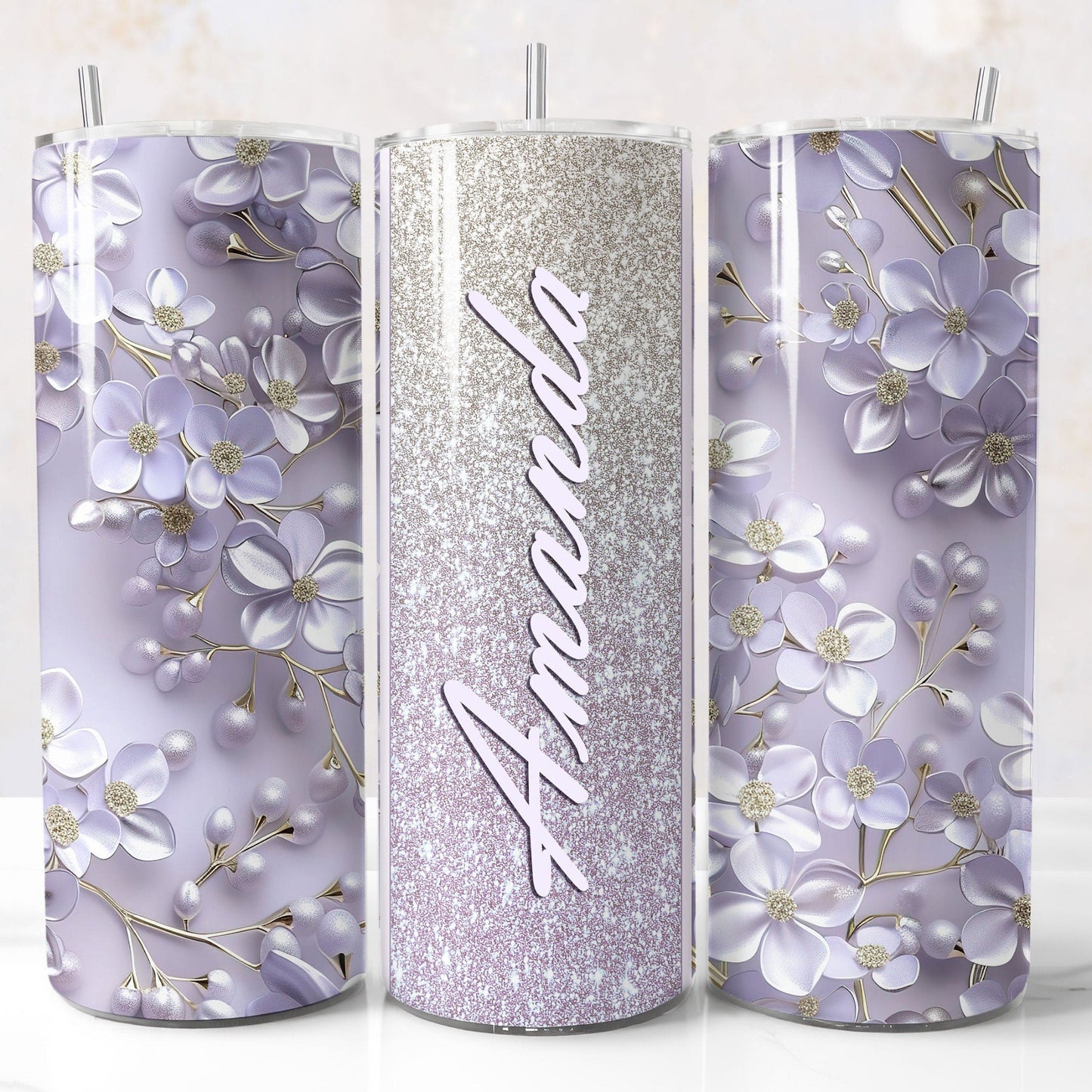 Lilac glitter 3D floral tumbler wrap PNG for 20oz sublimation tumblers with customizable name field