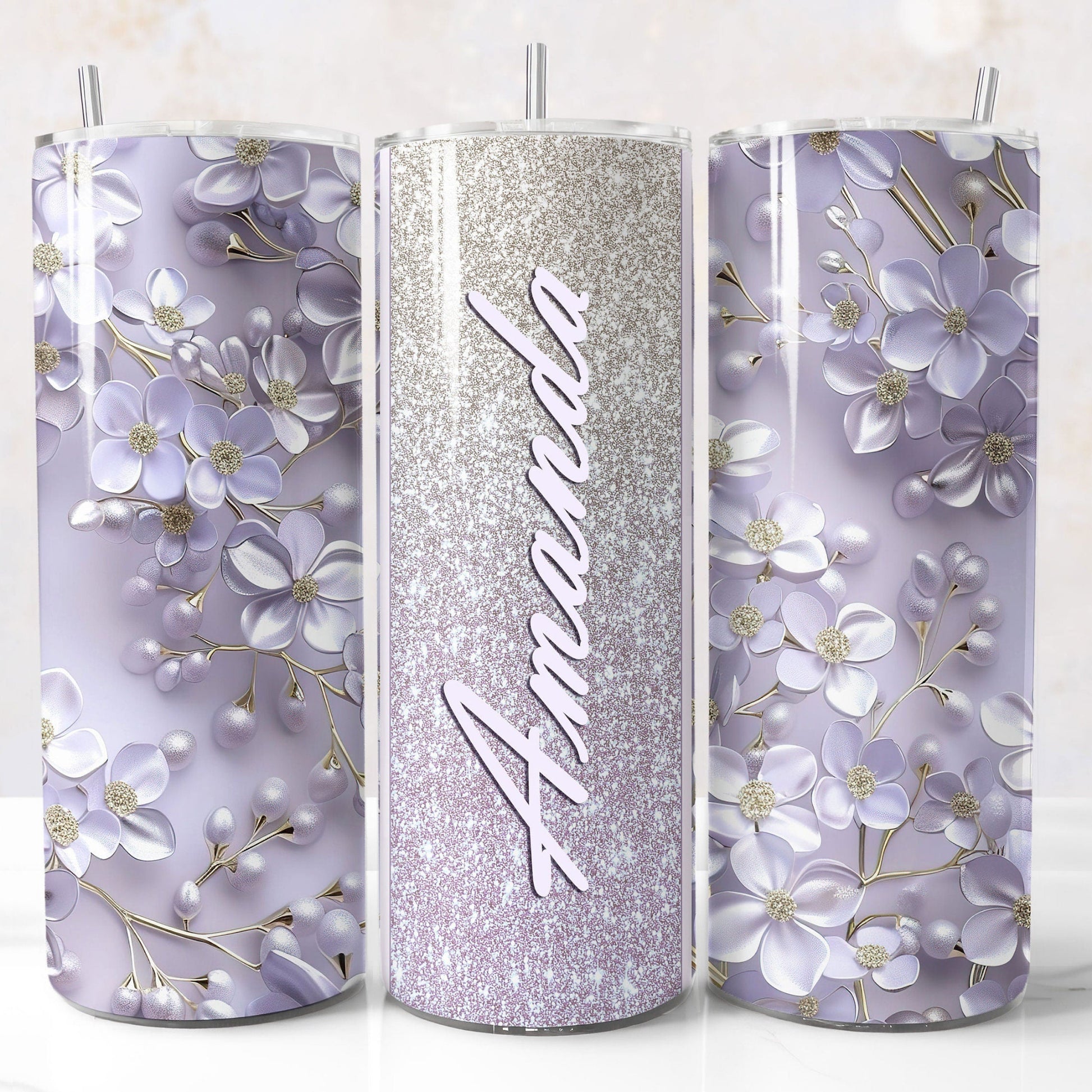 Lilac glitter 3D floral tumbler wrap PNG for 20oz sublimation tumblers with customizable name field