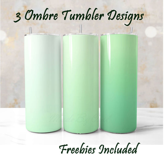 Three ombre tumbler designs with a light green gradient, sublimation wraps for DIY and commercial use.