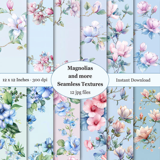 Set of floral seamless textures with magnolias and other flowers on a blue background.
