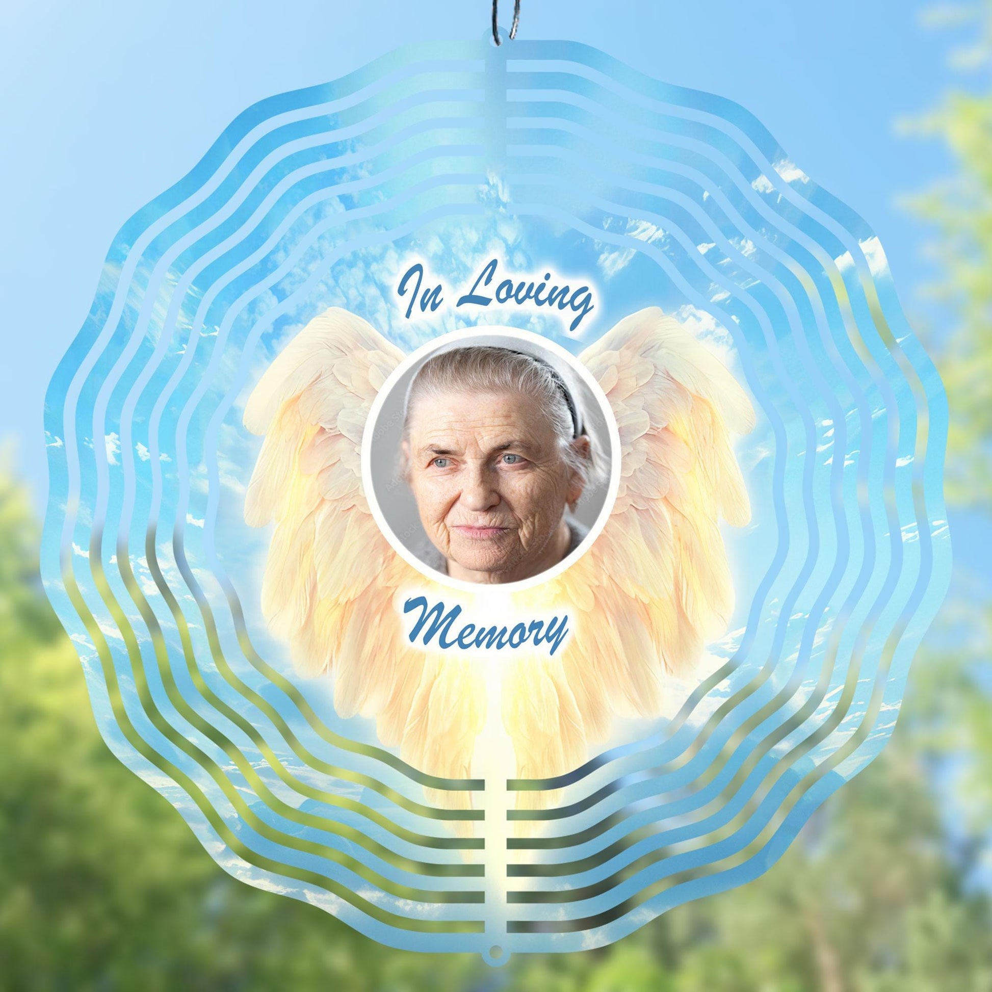 Wind spinner sublimation design with angel wings and 'In Loving Memory' text.