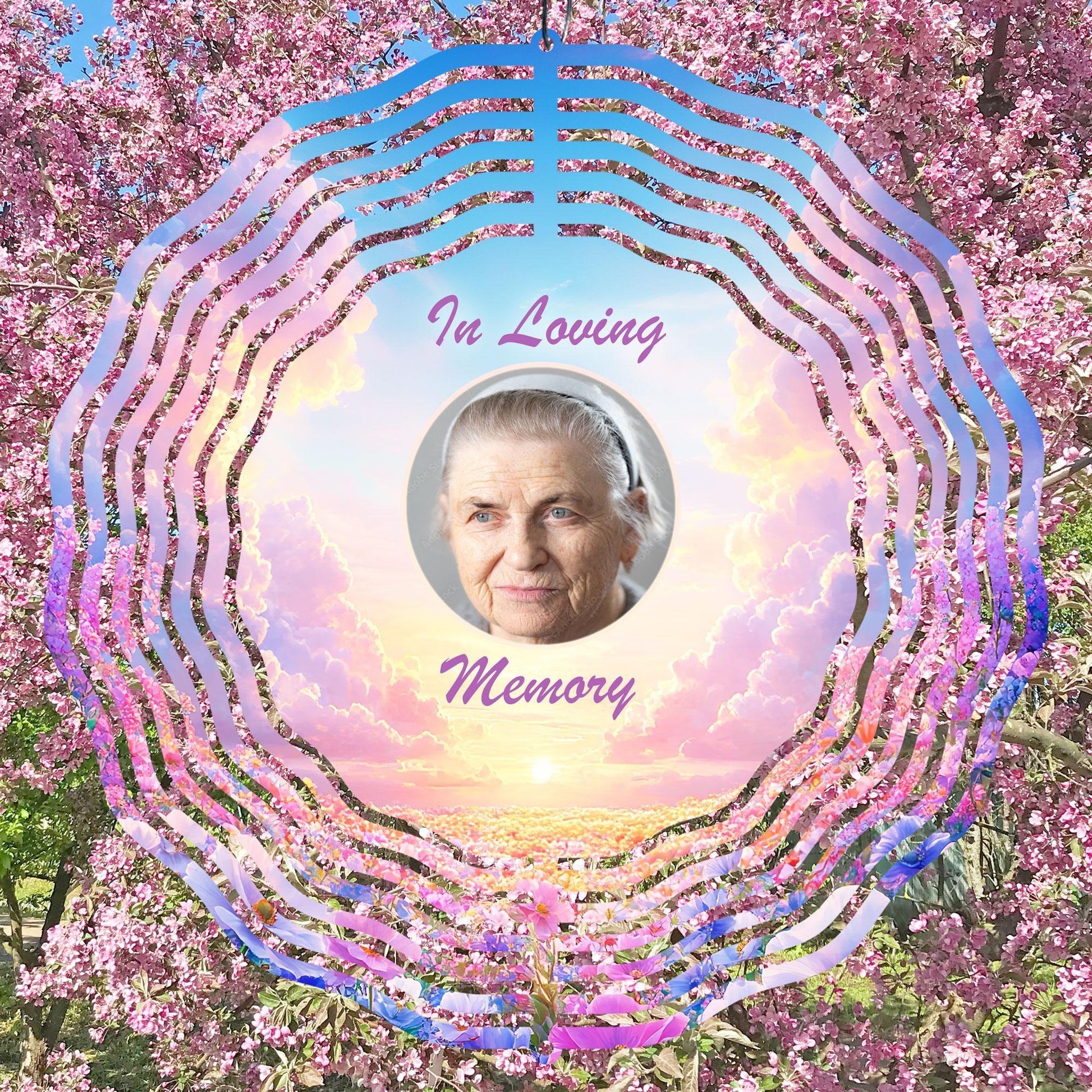 Memorial  wind spinner design with a 'In Loving Memory' text. Add Insert a photo of your loved one. 