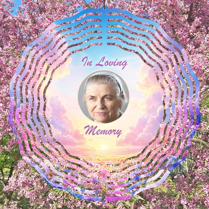 Memorial  wind spinner design with a 'In Loving Memory' text. Add Insert a photo of your loved one. 