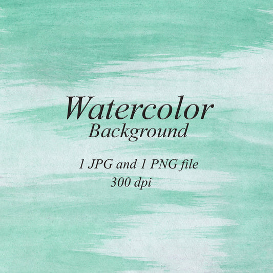 Mint green watercolor background with broad horizontal white and pale green brush strokes and fine paper texture. Text: “Watercolor Background”, “1 JPG and 1 PNG file”, “300 dpi”.