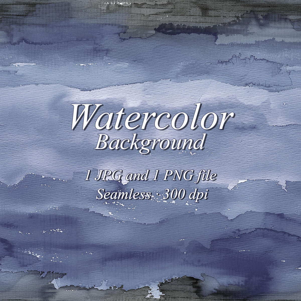Navy blue and blue-gray watercolor background with horizontal wave-like washes, dark edges, and small white gaps. Text: “Watercolor Background”, “1 JPG and 1 PNG file”, “Seamless · 300 dpi”.