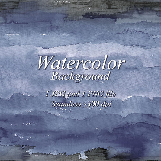 Navy blue and blue-gray watercolor background with horizontal wave-like washes, dark edges, and small white gaps. Text: “Watercolor Background”, “1 JPG and 1 PNG file”, “Seamless · 300 dpi”.
