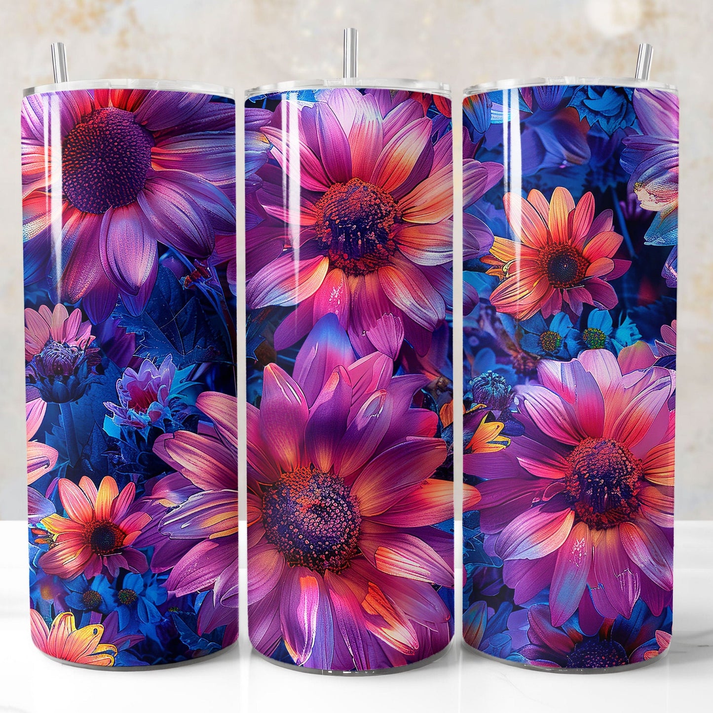 Neon purple sunflowers tumbler wrap. Seamless printable sublimation design.