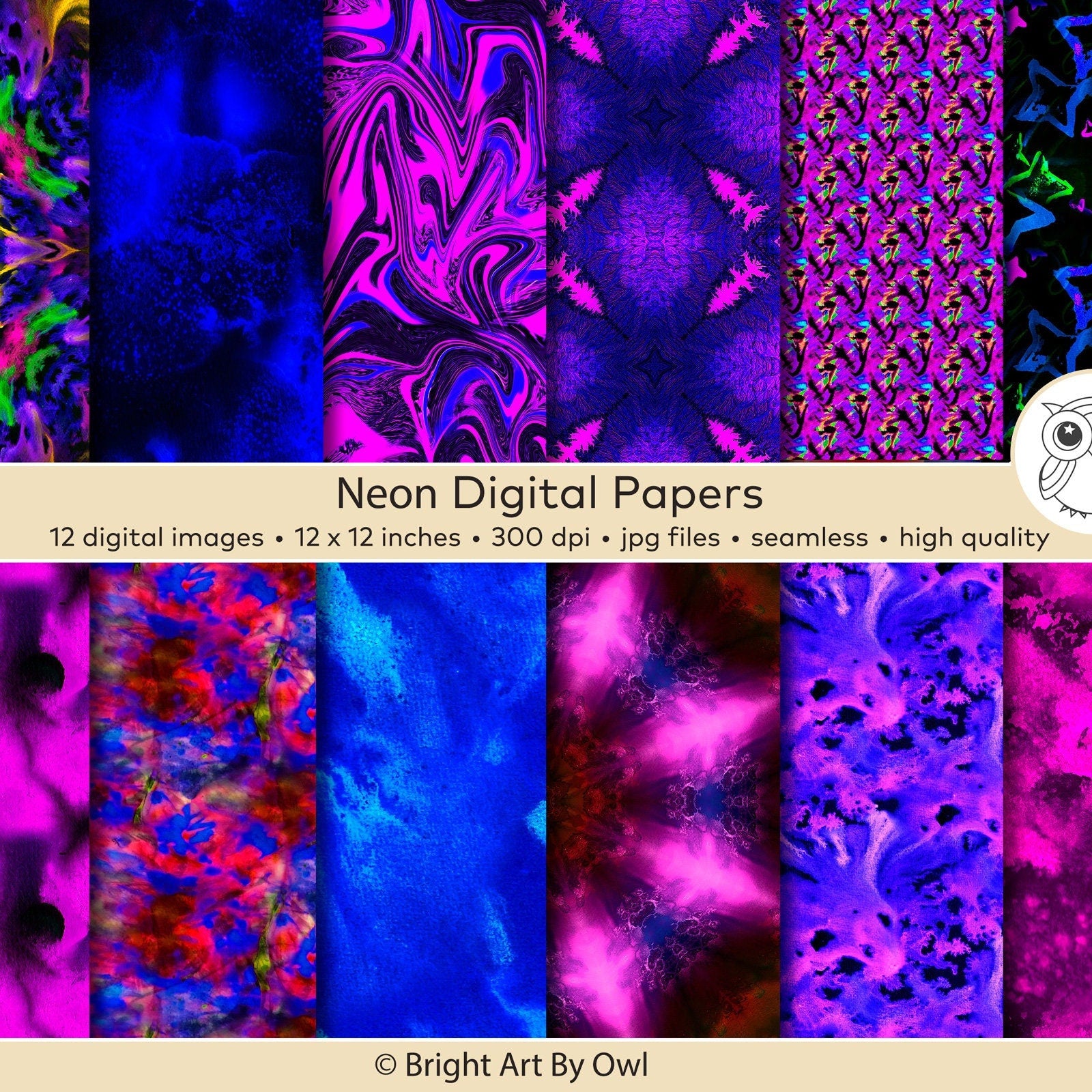 Neon digital papers with various patterns. High-resolution digital design for personal and commercial use.