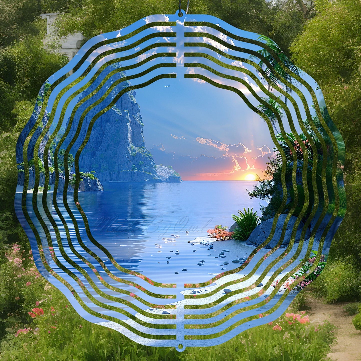 Coastal wind spinner design featuring a mountain, lake, and sunset.