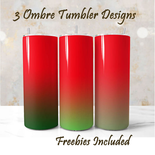 Three red and green ombre tumblers with text about freebies, sublimation designs for DIY and commercial use.