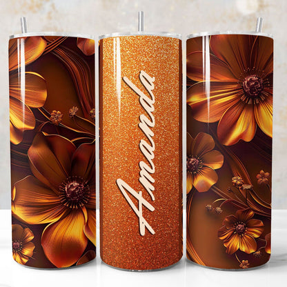 Floral-themed glitter orange tumbler wrap, add your name