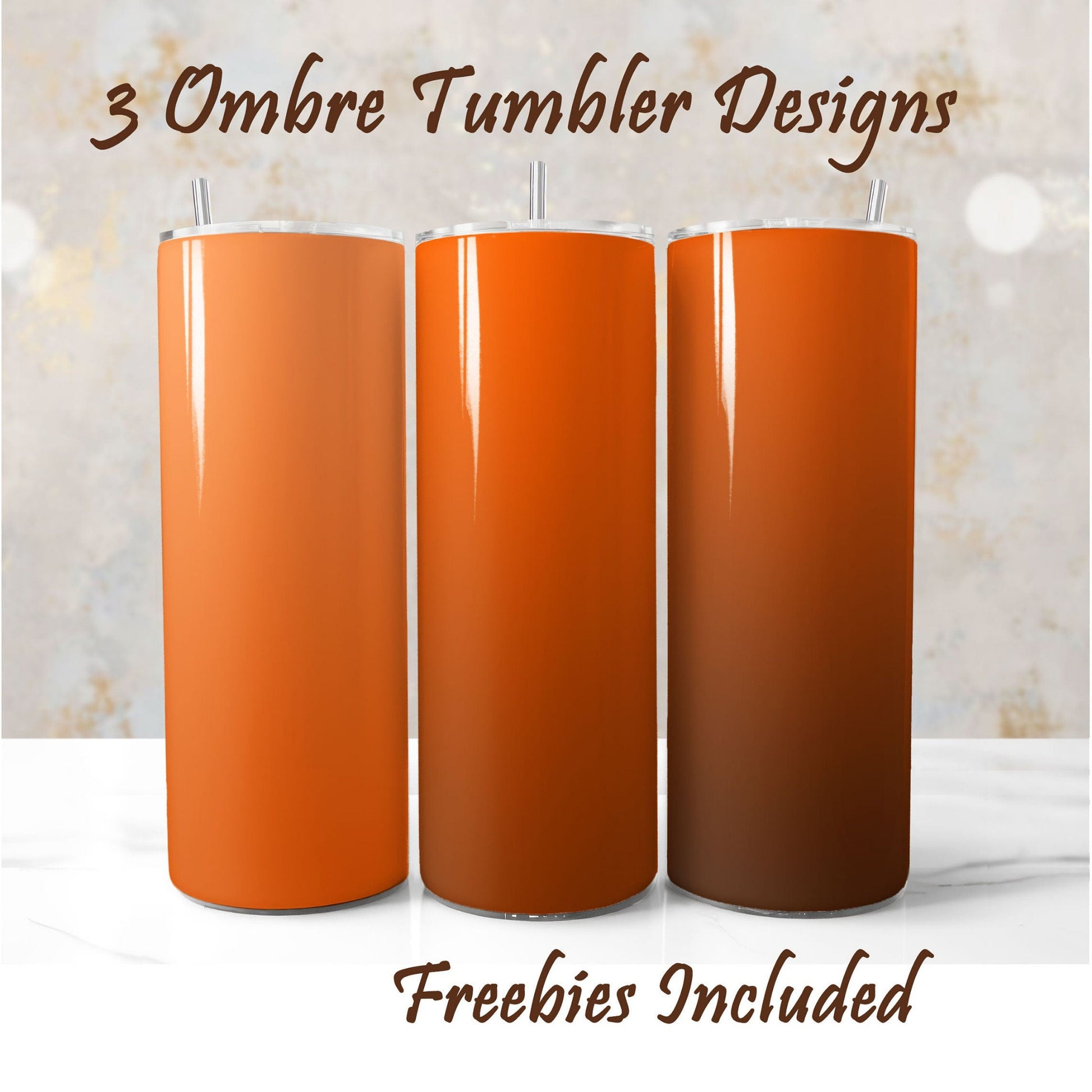 Three orange ombre tumbler sublimation designs for DIY and commercial use.