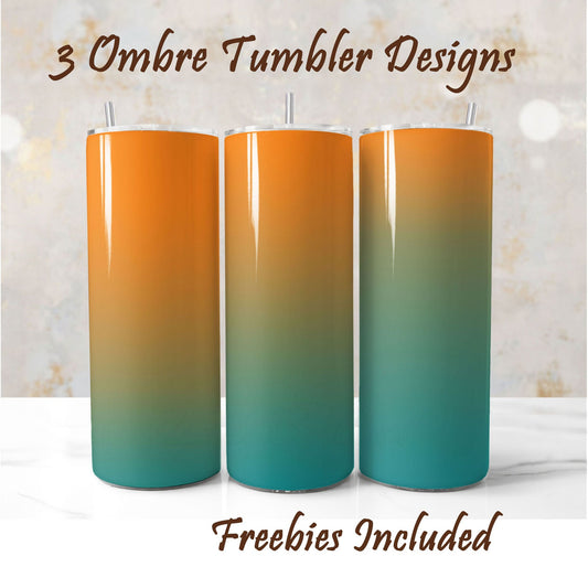 Three orange to teal tumbler wraps, sublimation designs for DIY and commercial use.