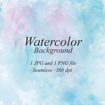 Pale blue and pink watercolor washes with soft aqua areas and subtle painted texture. Text: “Watercolor Background”, “1 JPG and 1 PNG file”, “Seamless · 300 dpi”.