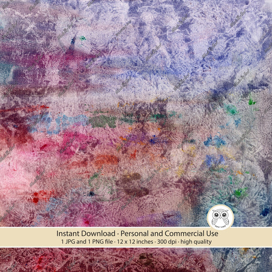 Pastel grunge background with muted pink, lavender and grey areas, scattered blue-green accents, and a dense distressed texture.